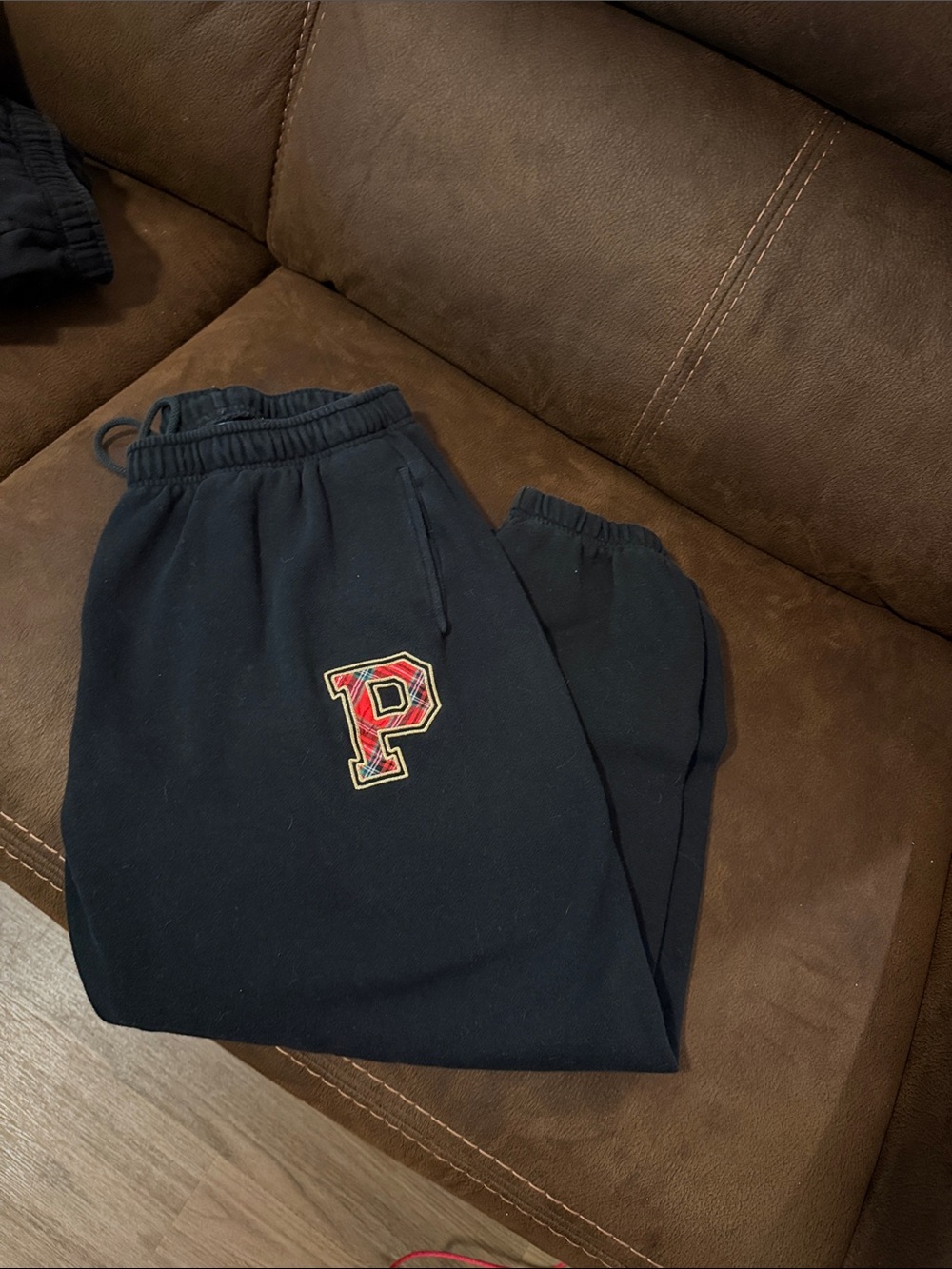 PINK Victoria's Secret Black Sweatpants with Red 'P' Patch
